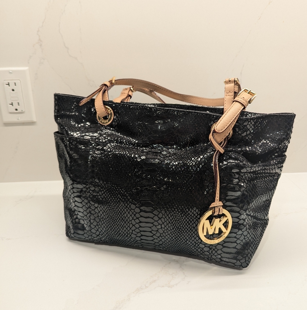 Michael Kors Black Snake-Embossed Purse w Gold Hardware Pre-Loved. Designer tote